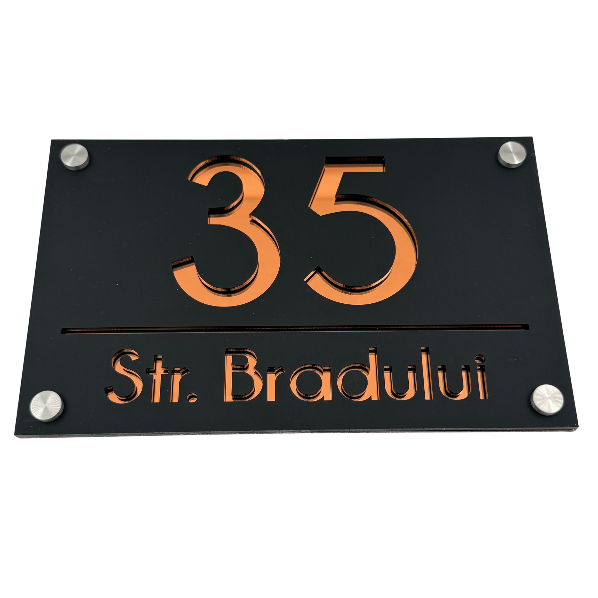 PREMIUM HOUSE NUMBER - Satin Black Copper Mirror 4 Spacers Silver - 24×15 cm