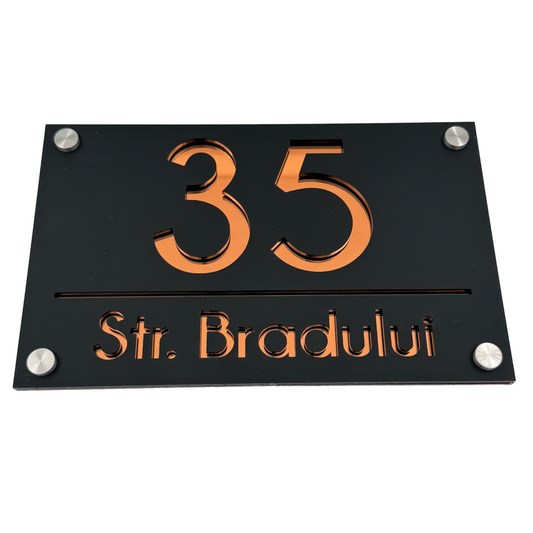 PREMIUM HOUSE NUMBER - Satin Black Copper Mirror 4 Spacers Silver - 24×15 cm