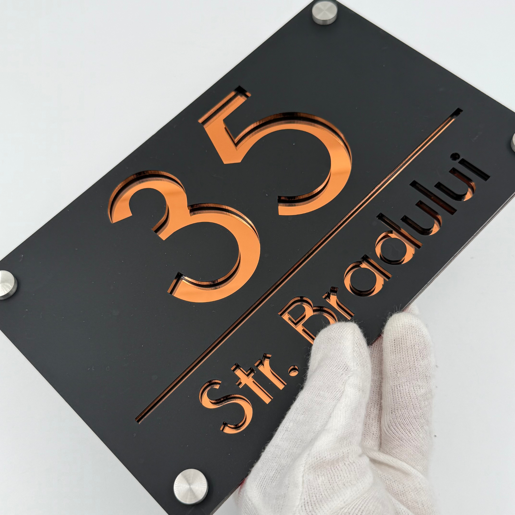 PREMIUM HOUSE NUMBER - Satin Black Copper Mirror 4 Spacers Silver - 24×15 cm