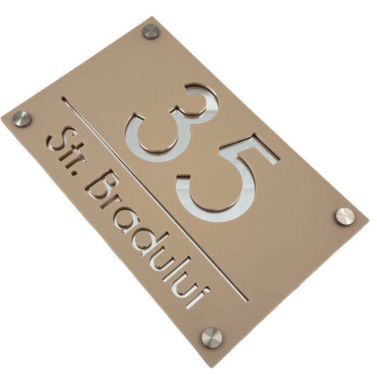 PREMIUM HOUSE NUMBER - Cream colour Satin Silver Mirror 4 Spacers Silver - 24×15 cm
