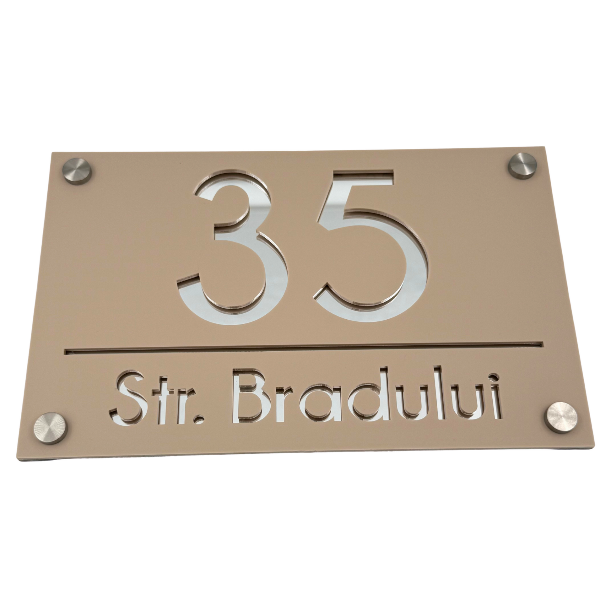 PREMIUM HOUSE NUMBER - Cream colour Satin Silver Mirror 4 Spacers Silver - 24×15 cm