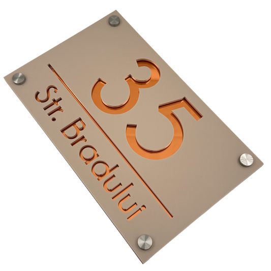 PREMIUM HOUSE NUMBER - Cream colour Satin Copper Mirror 4 Spacers Silver - 24×15 cm