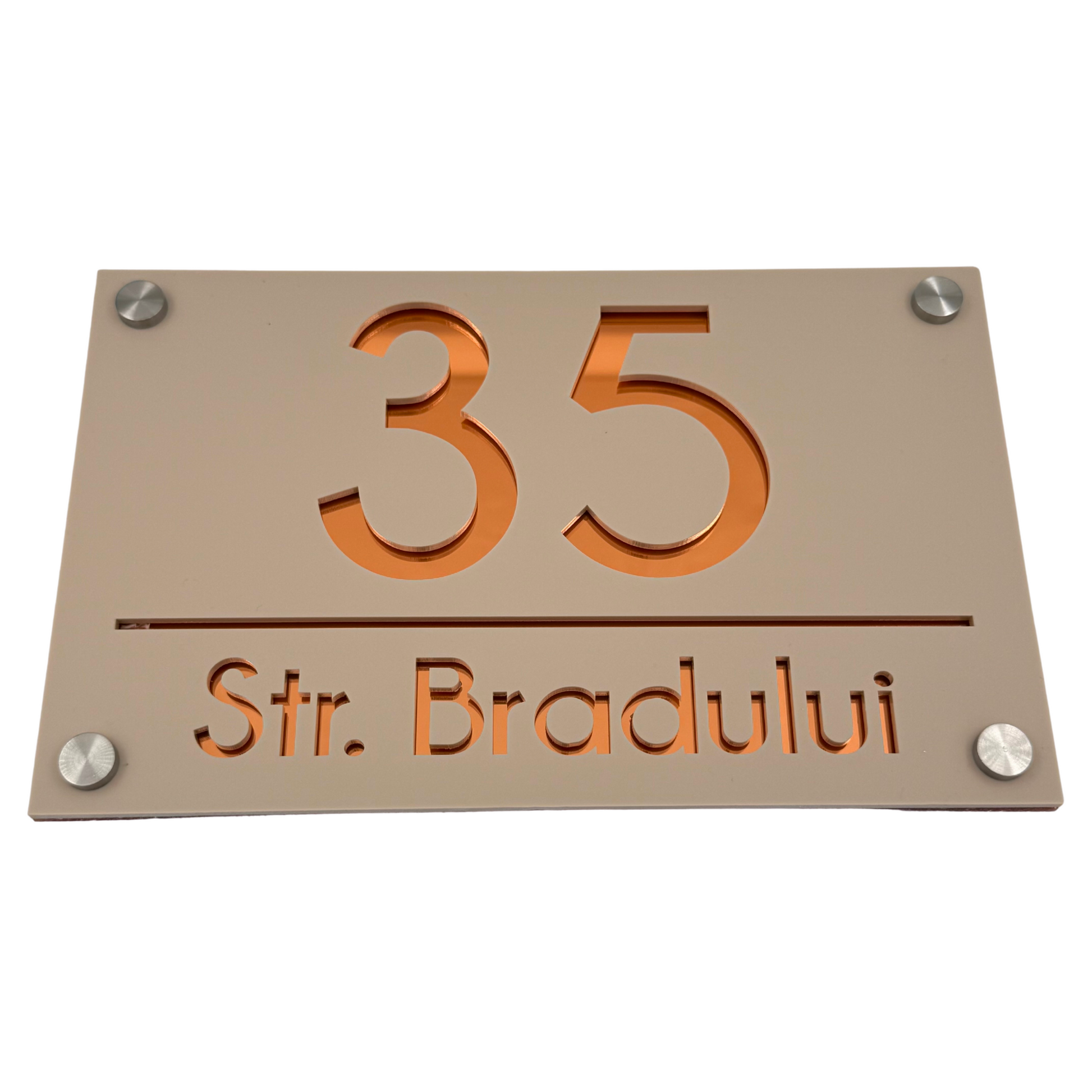 PREMIUM HOUSE NUMBER - Cream colour Satin Copper Mirror 4 Spacers Silver - 24×15 cm