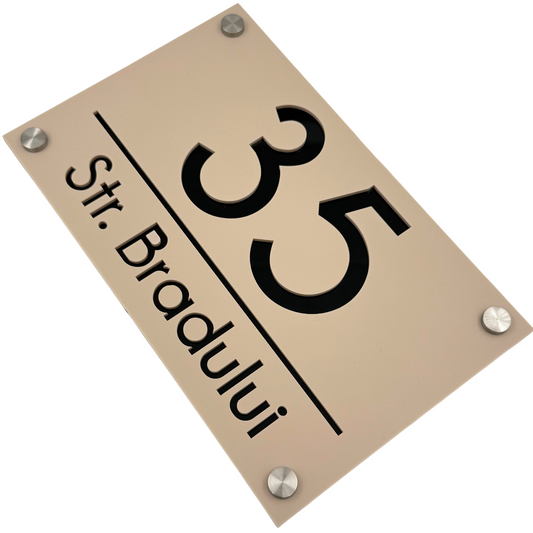 PREMIUM HOUSE NUMBER - Cream colour Satin Glossy Black 4 Spacers Silver - 24×15 cm