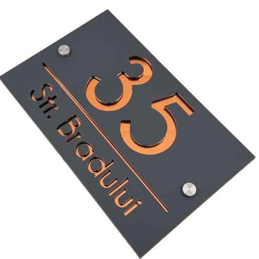 PREMIUM HOUSE NUMBER - Satin Grey Copper Mirror 2 Spacers Silver - 24×15 cm