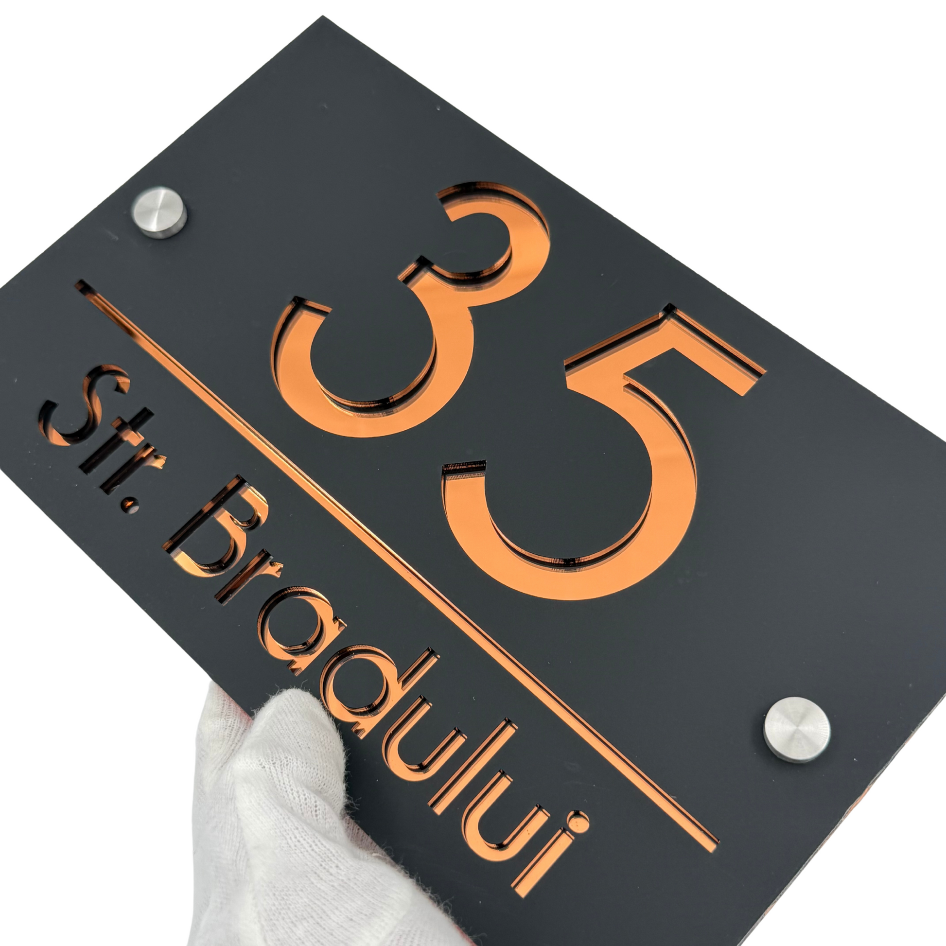 PREMIUM HOUSE NUMBER - Satin Black Copper Mirror 2 Spacers Silver - 24×15 cm