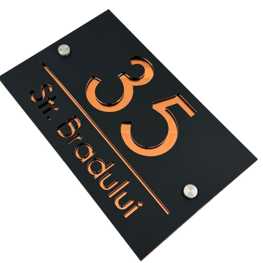 PREMIUM HOUSE NUMBER - Satin Black Copper Mirror 2 Spacers Silver - 24×15 cm