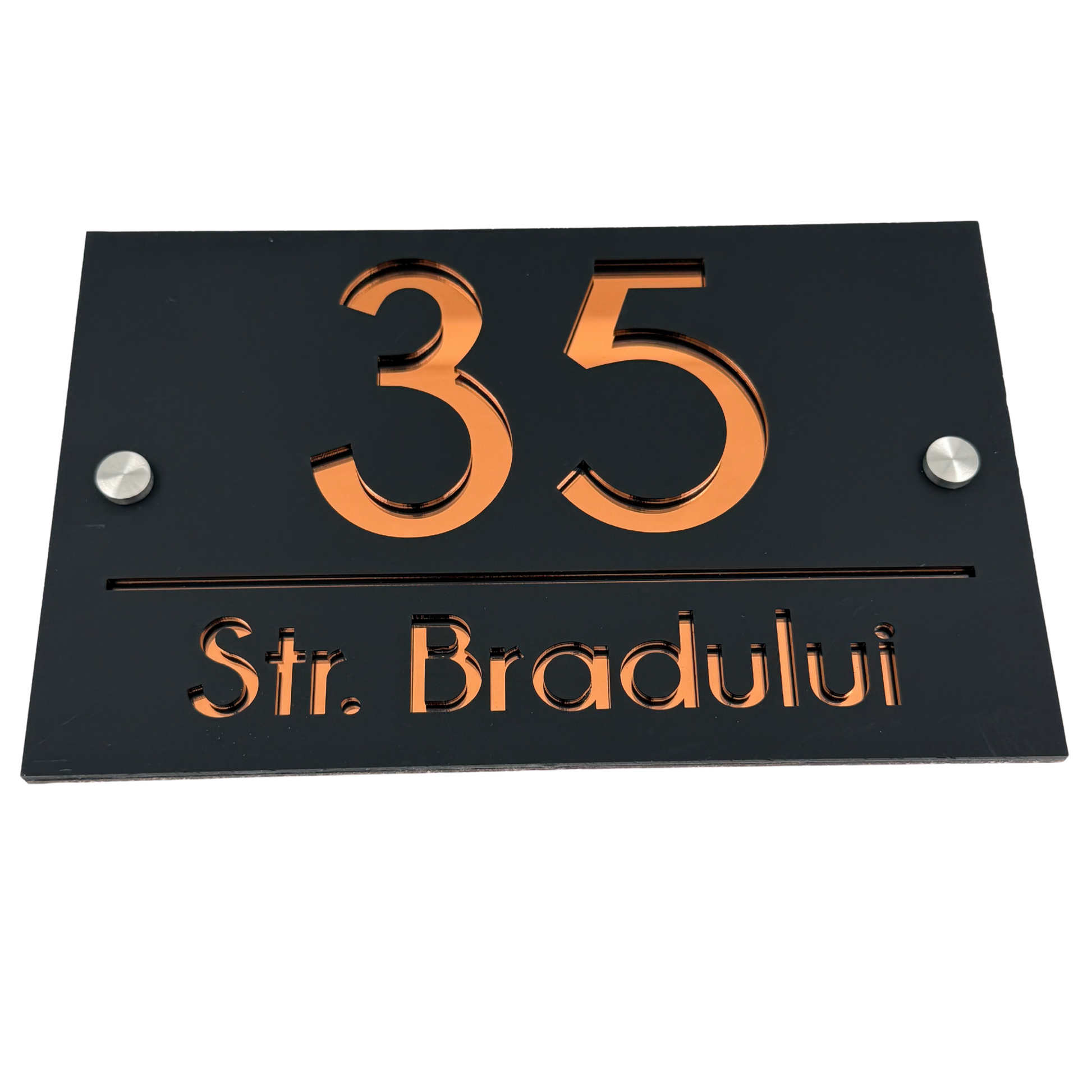 PREMIUM HOUSE NUMBER - Satin Black Copper Mirror 2 Spacers Silver - 24×15 cm