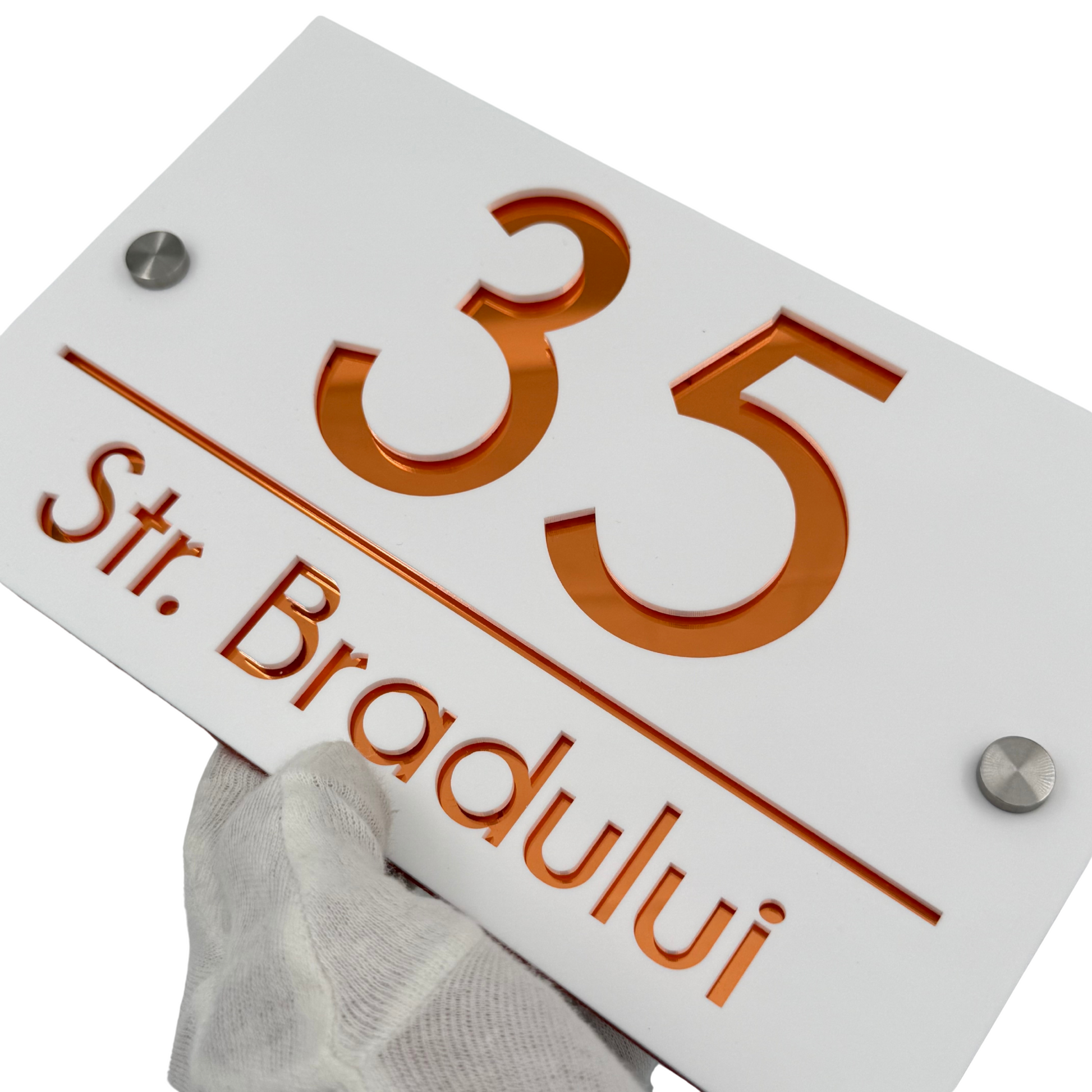 PREMIUM HOUSE NUMBER - White Satin Copper Mirror 2 Spacers Silver - 24×15 cm