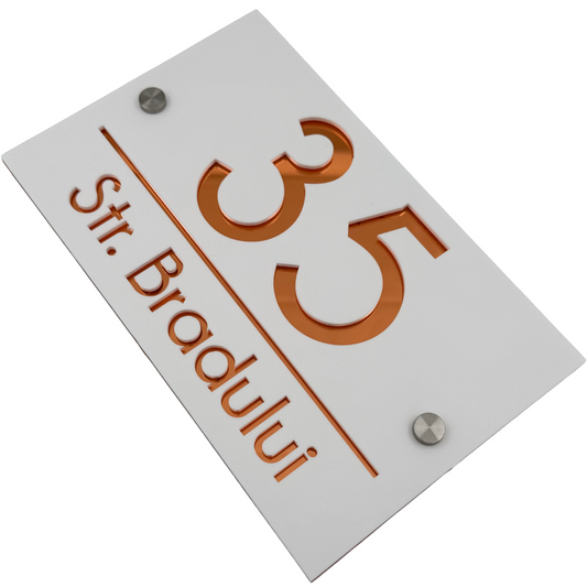 PREMIUM HOUSE NUMBER - White Satin Copper Mirror 2 Spacers Silver - 24×15 cm