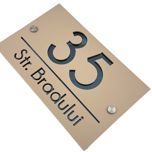 PREMIUM HOUSE NUMBER - Cream colour Satin Anthracite Grey Mirror 2 Spacers Silver - 24×15 cm