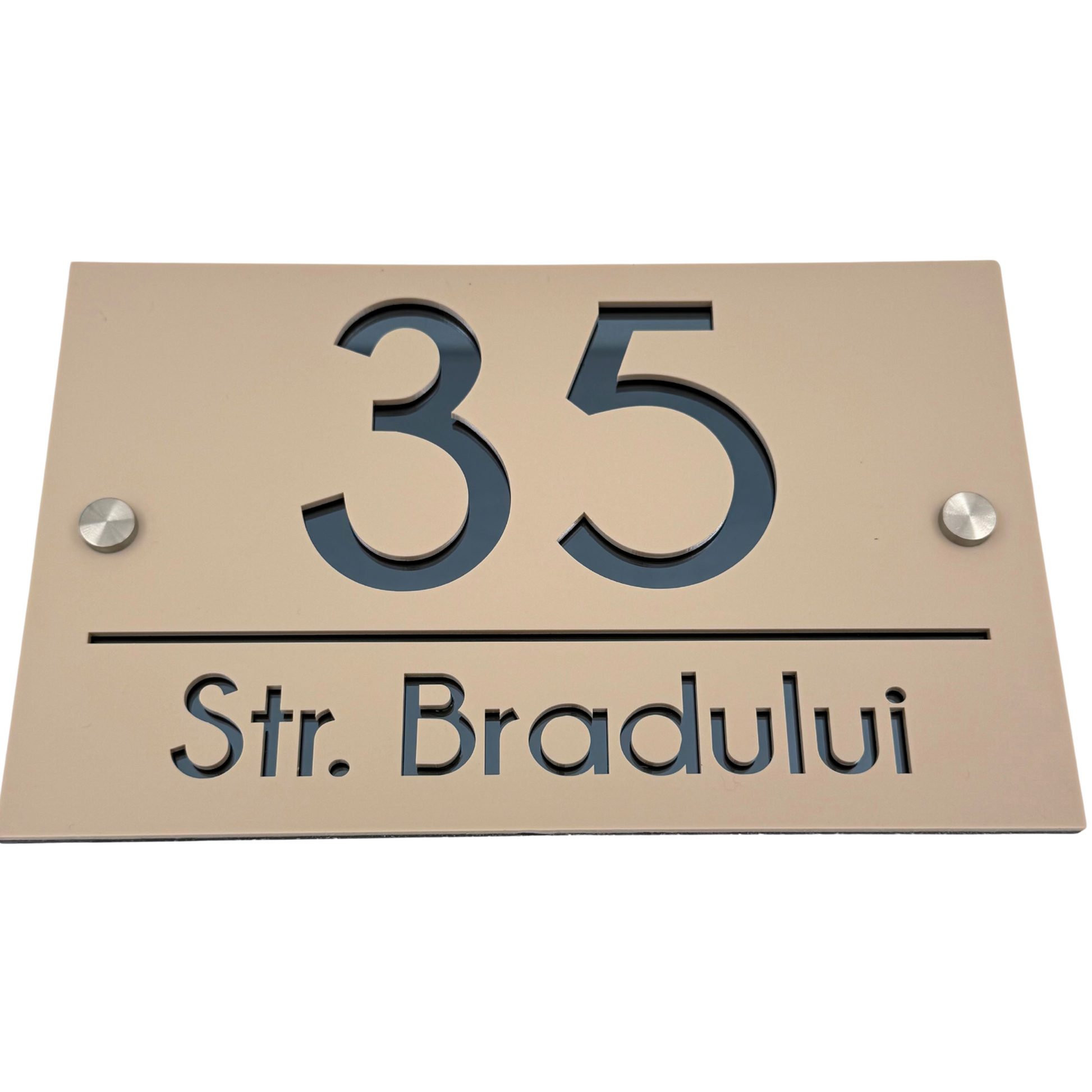 PREMIUM HOUSE NUMBER - Cream colour Satin Anthracite Grey Mirror 2 Spacers Silver - 24×15 cm