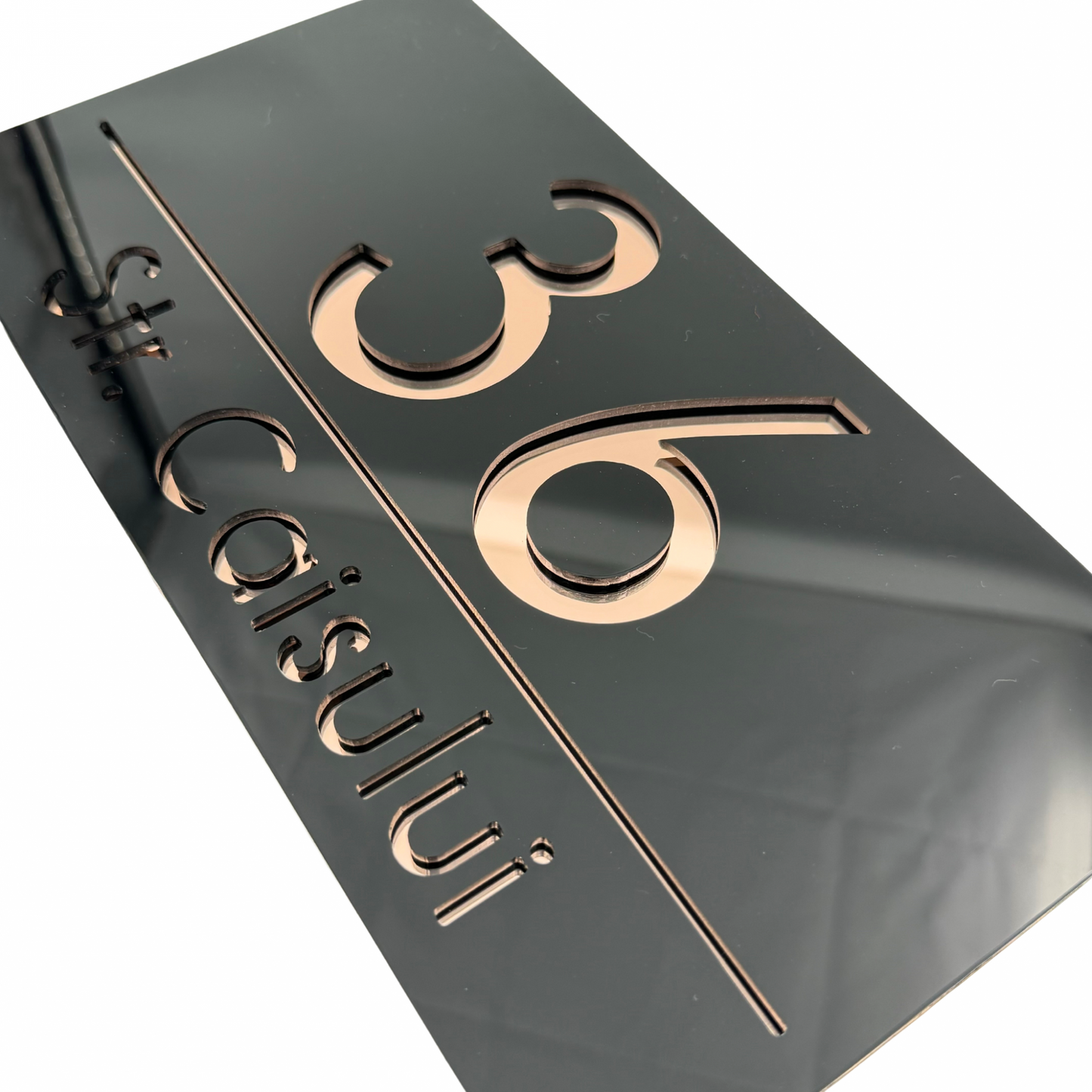 PREMIUM HOUSE NUMBER - Glossy Black Rose Gold Mirror - 28×15 cm