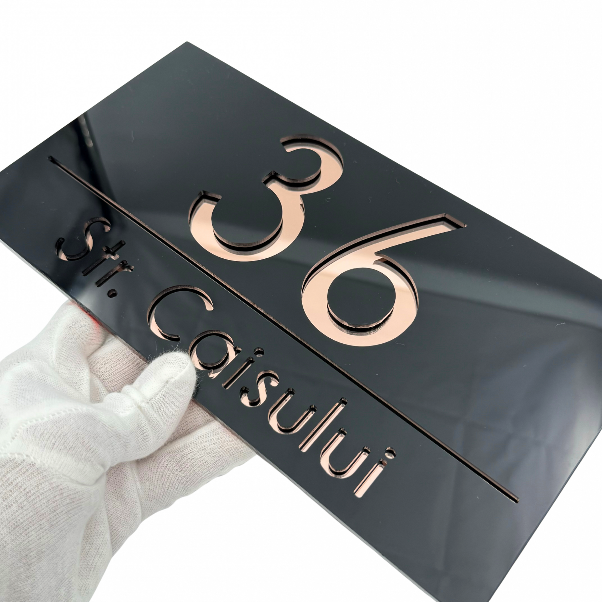 PREMIUM HOUSE NUMBER - Glossy Black Rose Gold Mirror - 28×15 cm