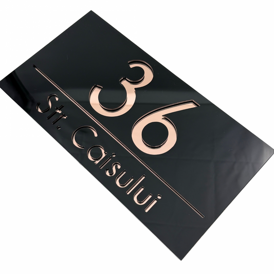 PREMIUM HOUSE NUMBER - Glossy Black Rose Gold Mirror - 28×15 cm