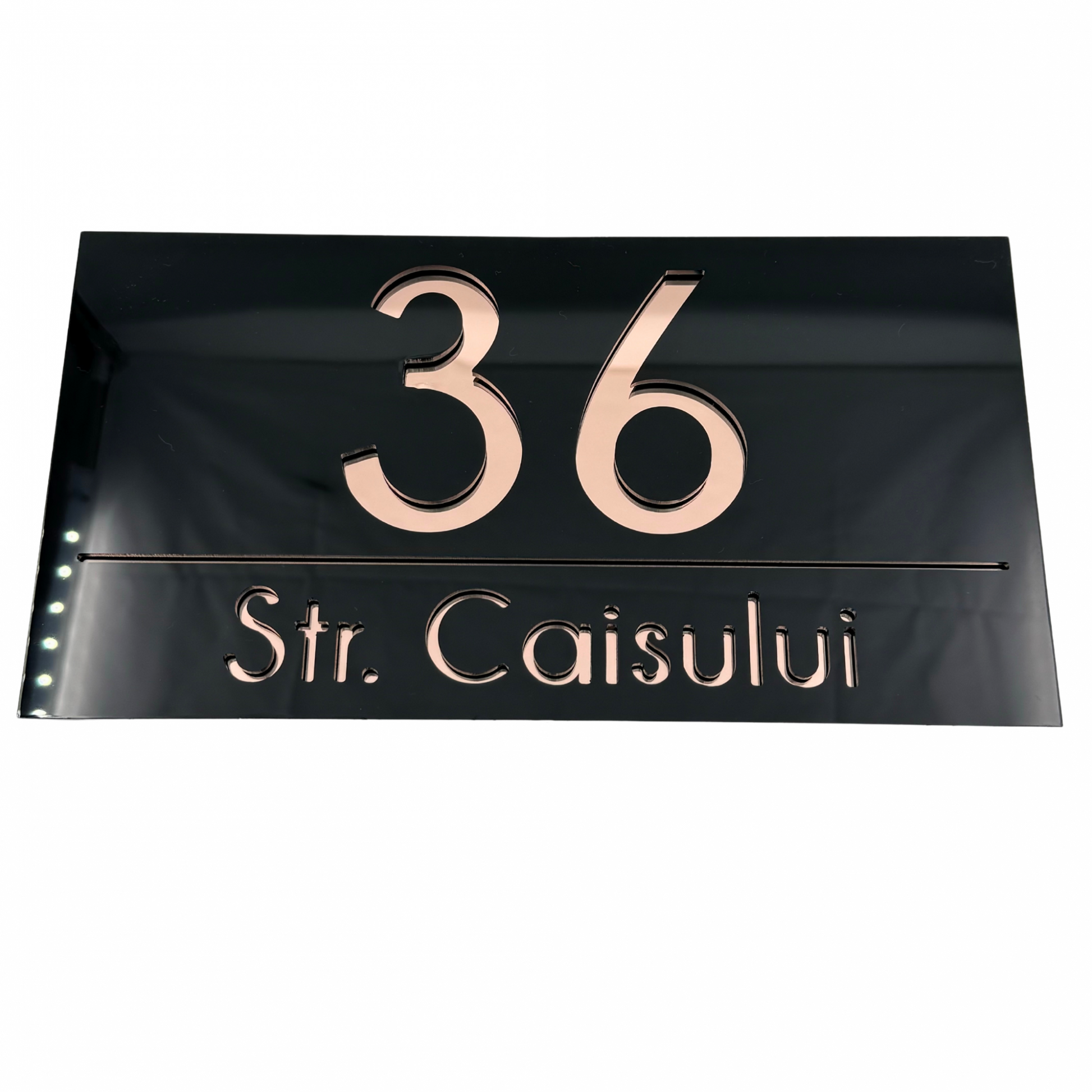 PREMIUM HOUSE NUMBER - Glossy Black Rose Gold Mirror - 28×15 cm