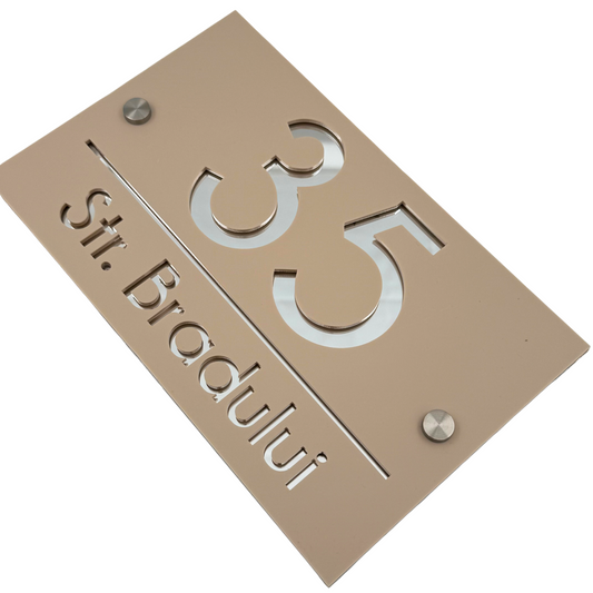 PREMIUM HOUSE NUMBER - Cream colour Satin Silver Mirror 2 Spacers Silver - 24×15 cm