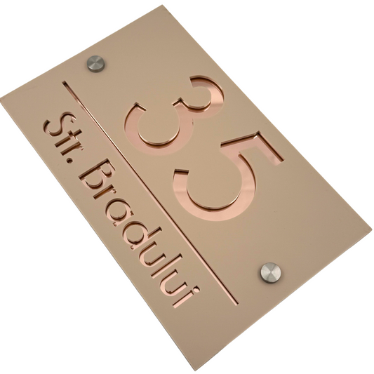 PREMIUM HOUSE NUMBER - Cream colour Satin Rose Gold Mirror 2 Spacers Silver - 24×15 cm