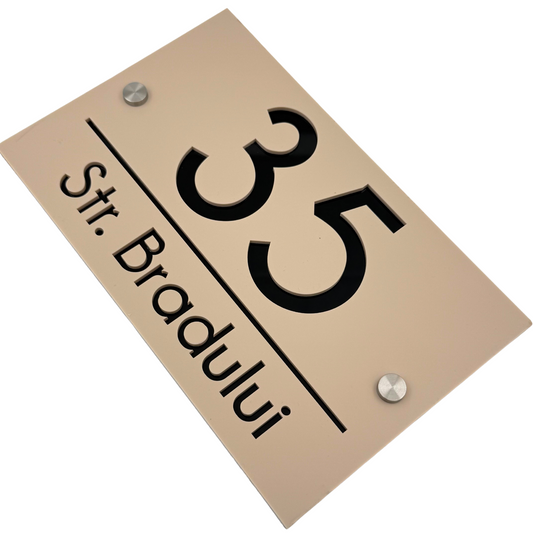 PREMIUM HOUSE NUMBER - Cream colour Satin Glossy Black 2 Spacers Silver - 24×15 cm