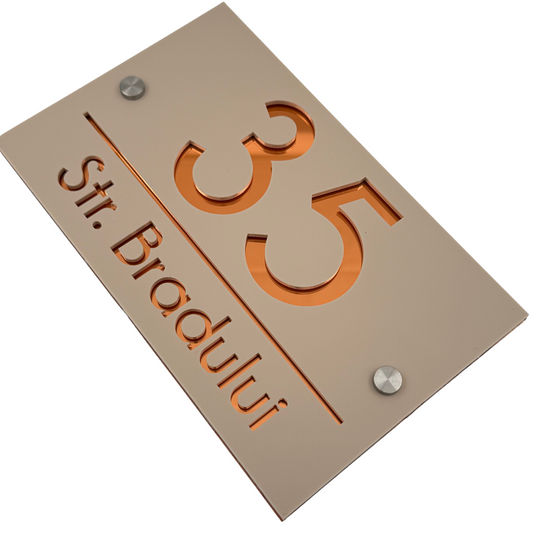 PREMIUM HOUSE NUMBER - Cream colour Satin Copper Mirror 2 Spacers Silver - 24×15 cm