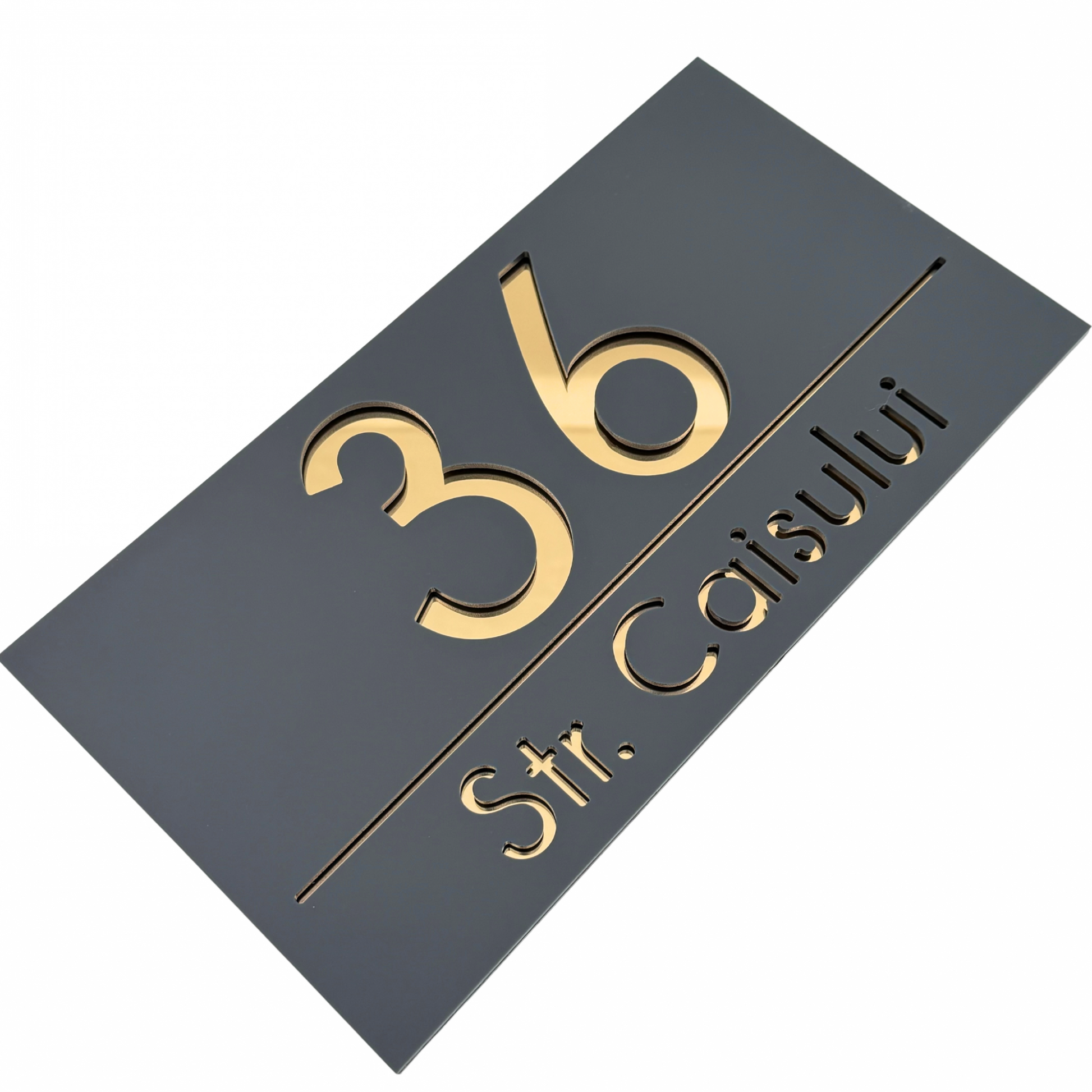PREMIUM HOUSE NUMBER - Satin Grey Gold Mirror - 28×15 cm