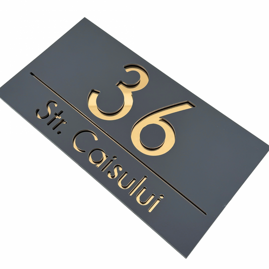 PREMIUM HOUSE NUMBER - Satin Grey Gold Mirror - 28×15 cm