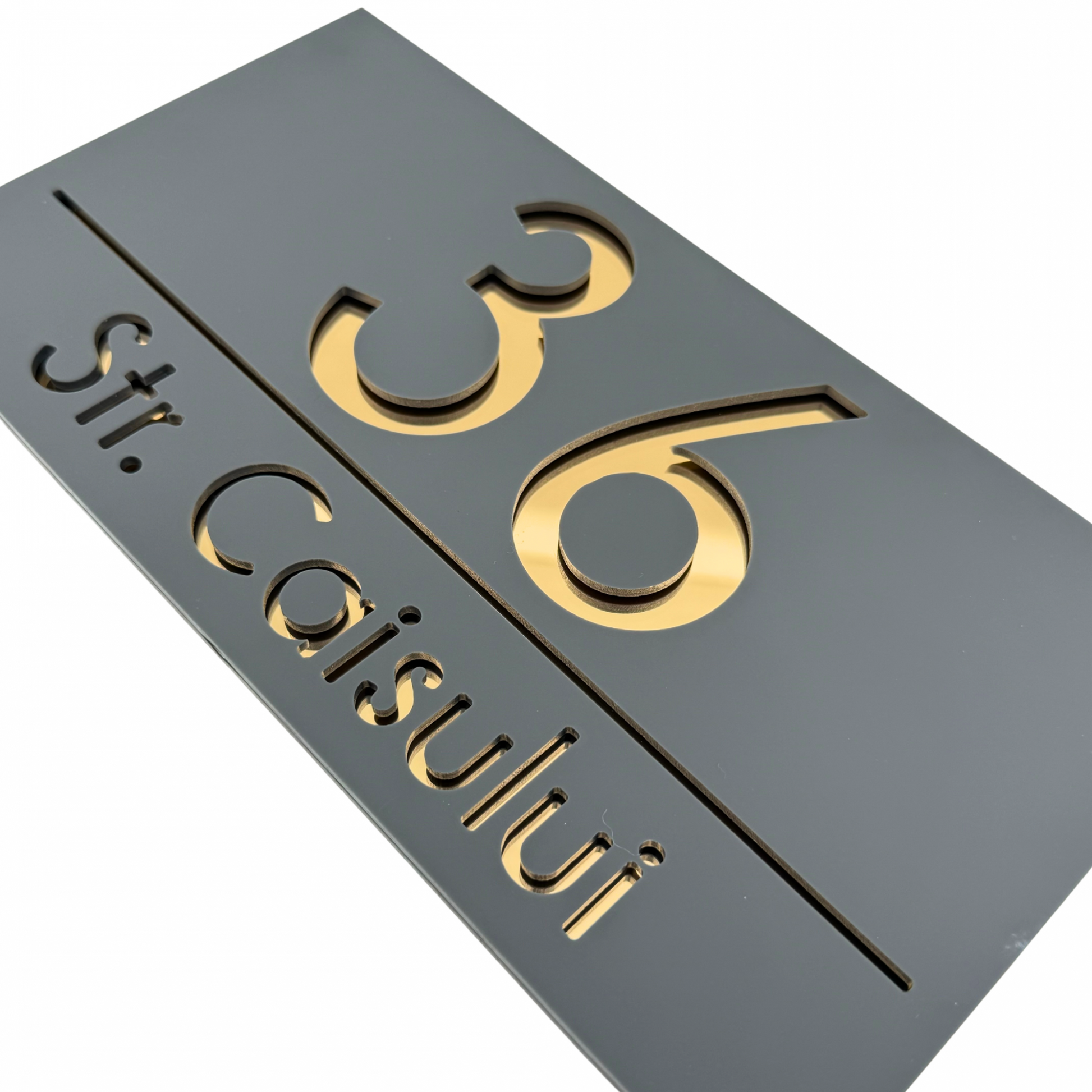 PREMIUM HOUSE NUMBER - Satin Grey Gold Mirror - 28×15 cm
