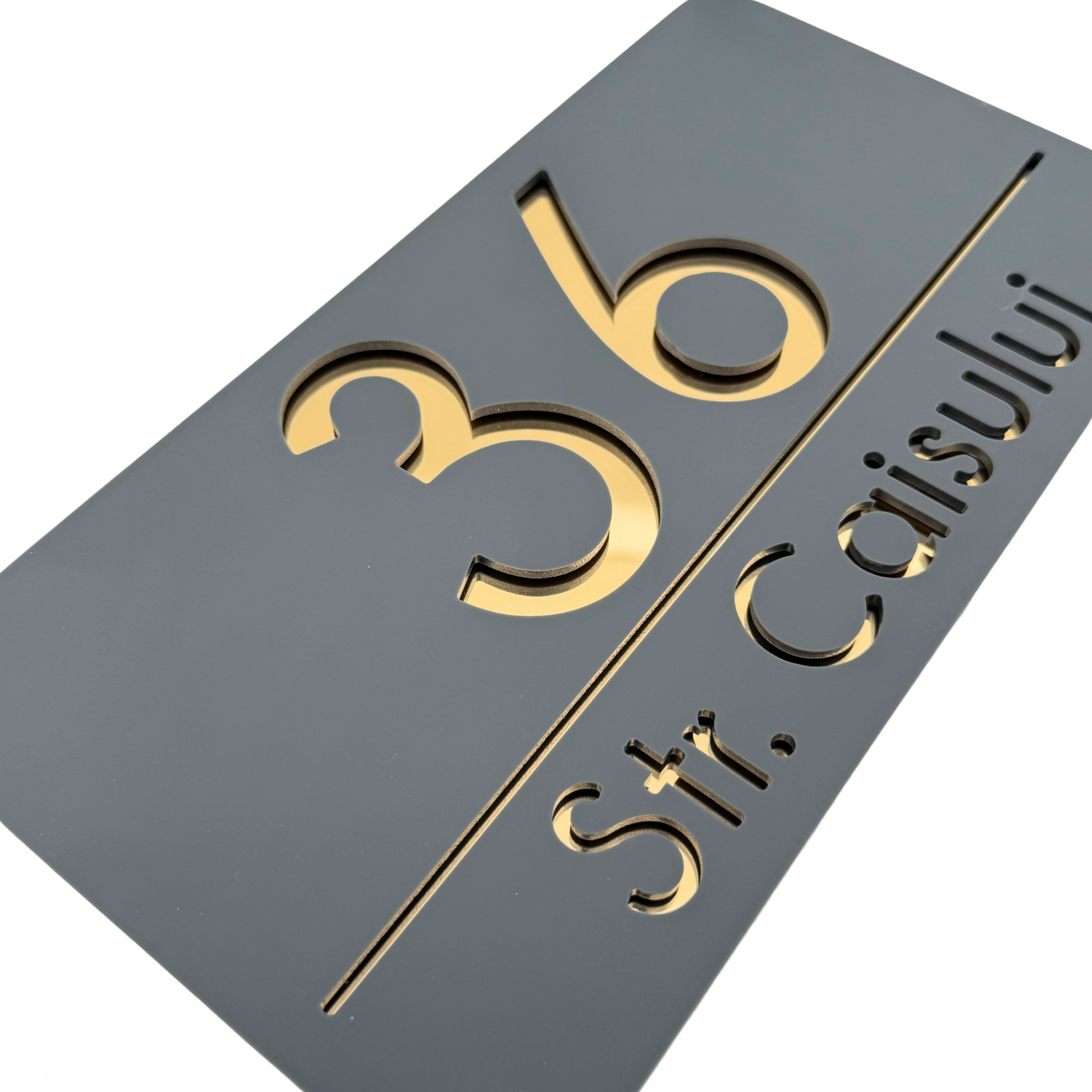 PREMIUM HOUSE NUMBER - Satin Grey Gold Mirror - 28×15 cm