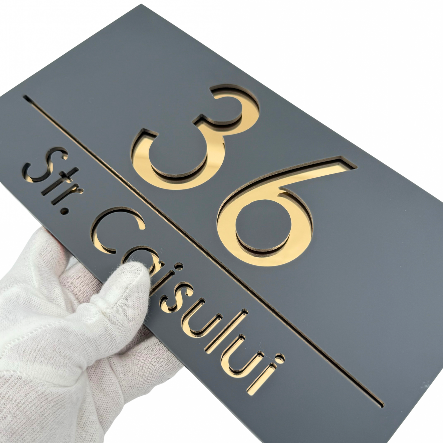 PREMIUM HOUSE NUMBER - Satin Grey Gold Mirror - 28×15 cm