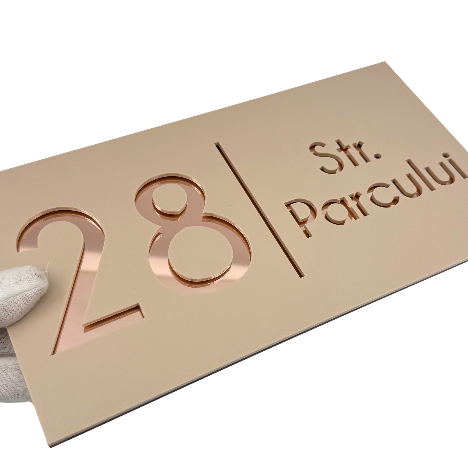 PREMIUM HOUSE NUMBER - Cream colour Satin Rose Gold Mirror - 28×15 cm