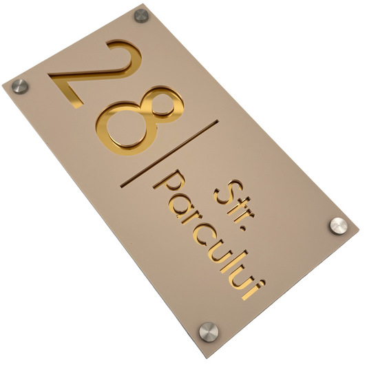 PREMIUM HOUSE NUMBER - Cream colour Satin Gold Mirror 4 Spacers Silver - 28×15 cm
