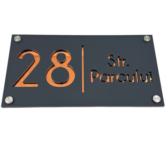PREMIUM HOUSE NUMBER - Satin Grey Copper Mirror 4 Spacers Silver - 28×15 cm