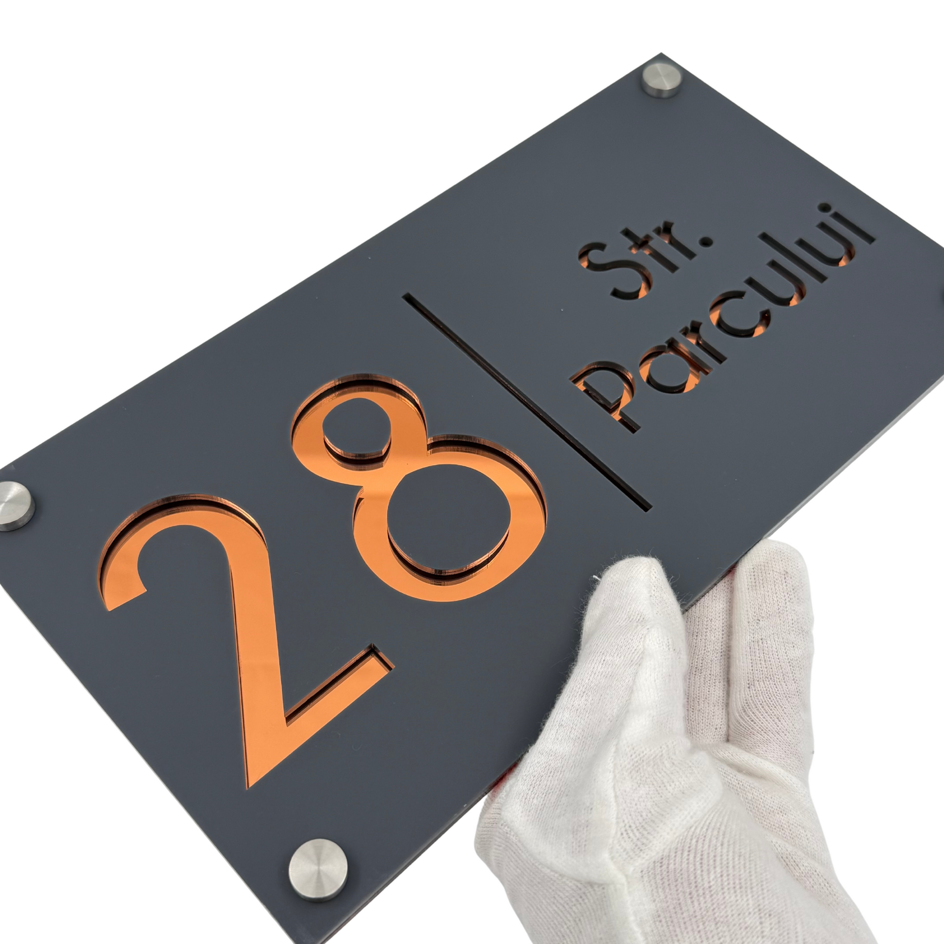 PREMIUM HOUSE NUMBER - Satin Grey Copper Mirror 4 Spacers Silver - 28×15 cm