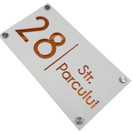 PREMIUM HOUSE NUMBER - White Satin Copper Mirror 4 Spacers Silver - 28×15 cm