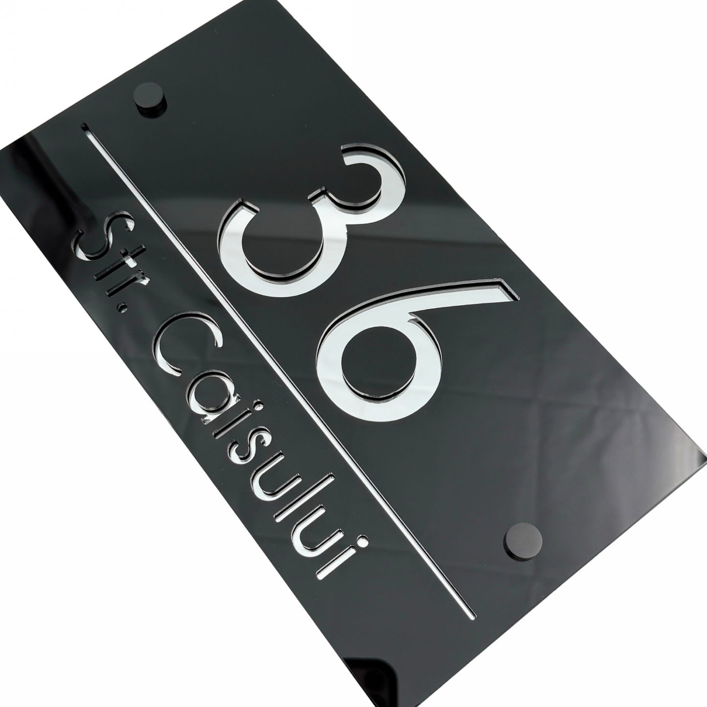 PREMIUM HOUSE NUMBER - Glossy Black Silver Mirror 2 Spacers NeGreyi - 28×15 cm