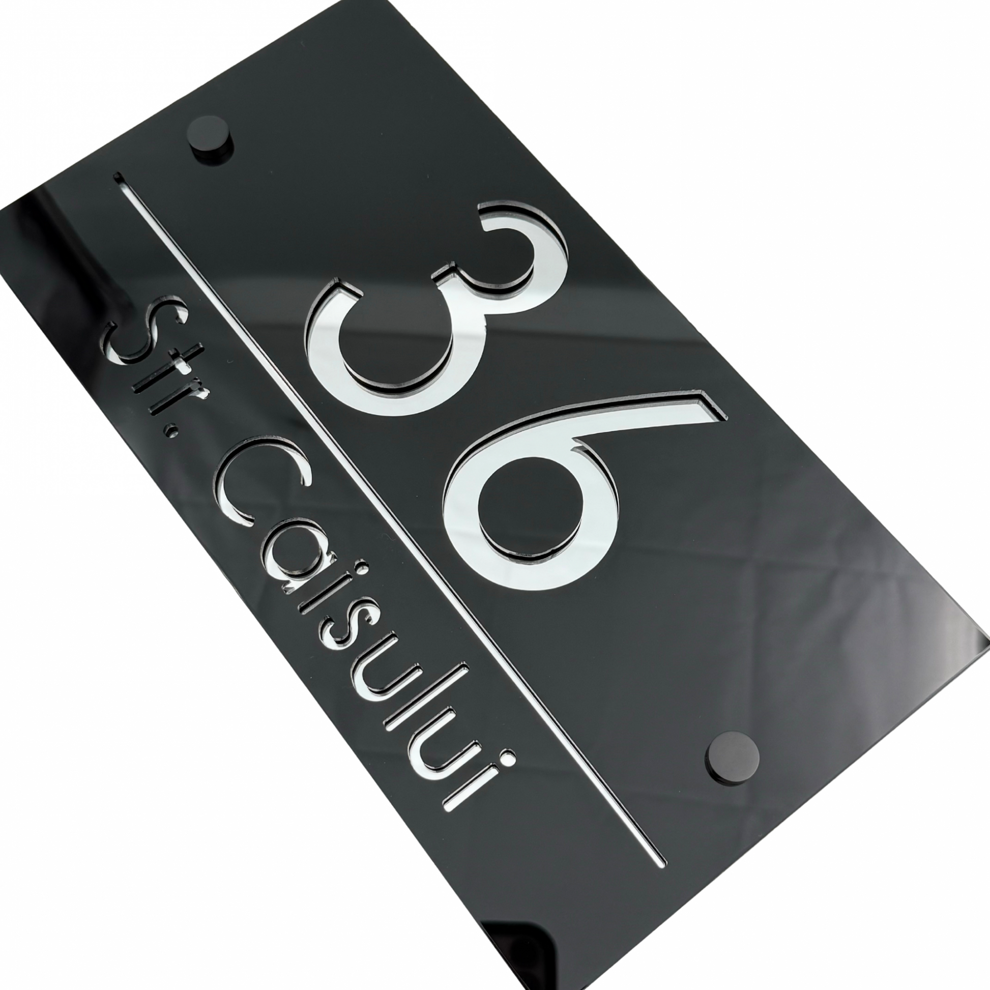 PREMIUM HOUSE NUMBER - Glossy Black Silver Mirror 2 Spacers NeGreyi - 28×15 cm