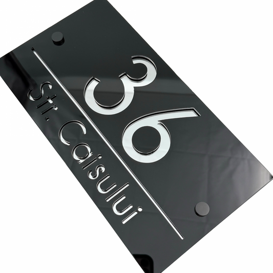 PREMIUM HOUSE NUMBER - Glossy Black Silver Mirror 2 Spacers NeGreyi - 28×15 cm