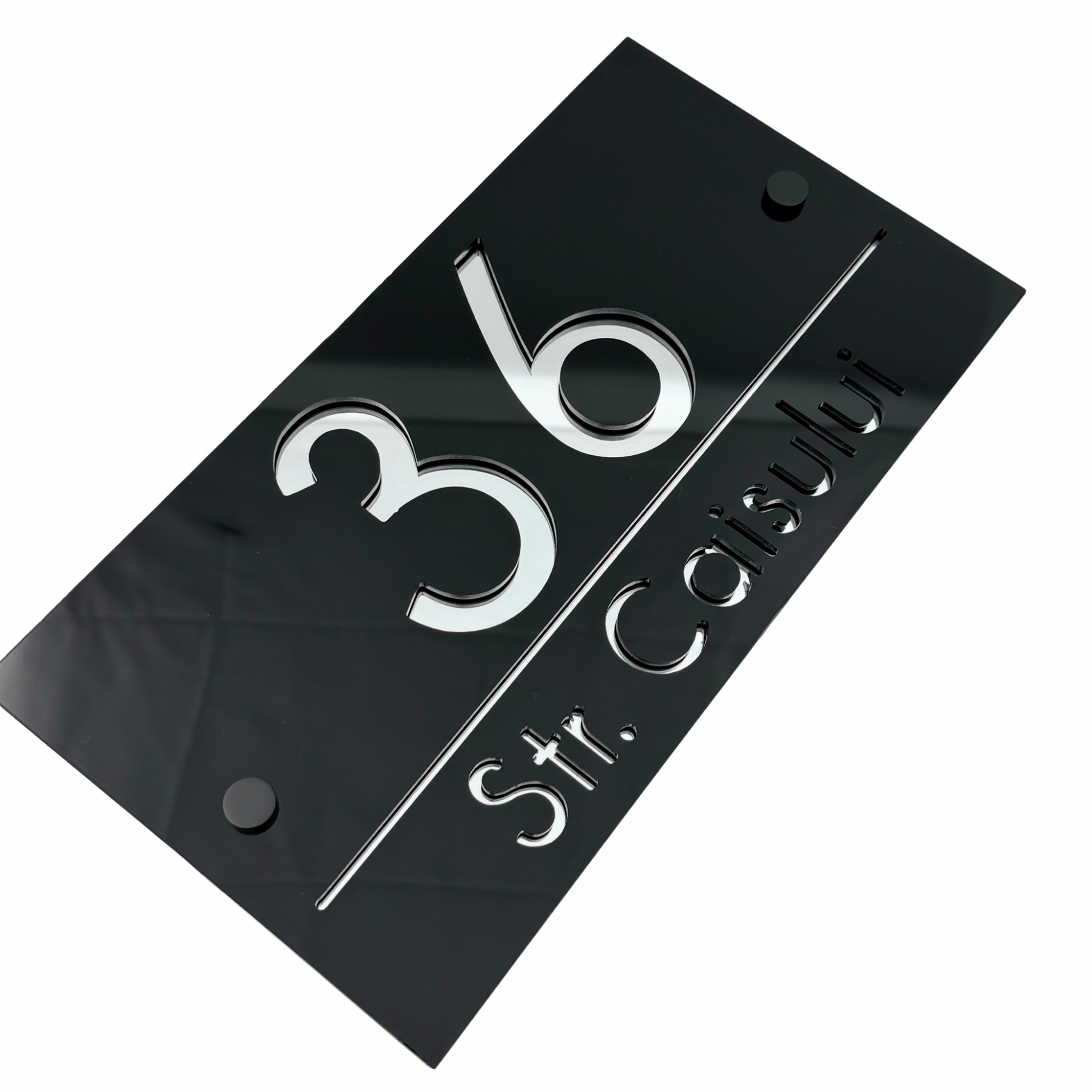 PREMIUM HOUSE NUMBER - Glossy Black Silver Mirror 2 Spacers NeGreyi - 28×15 cm