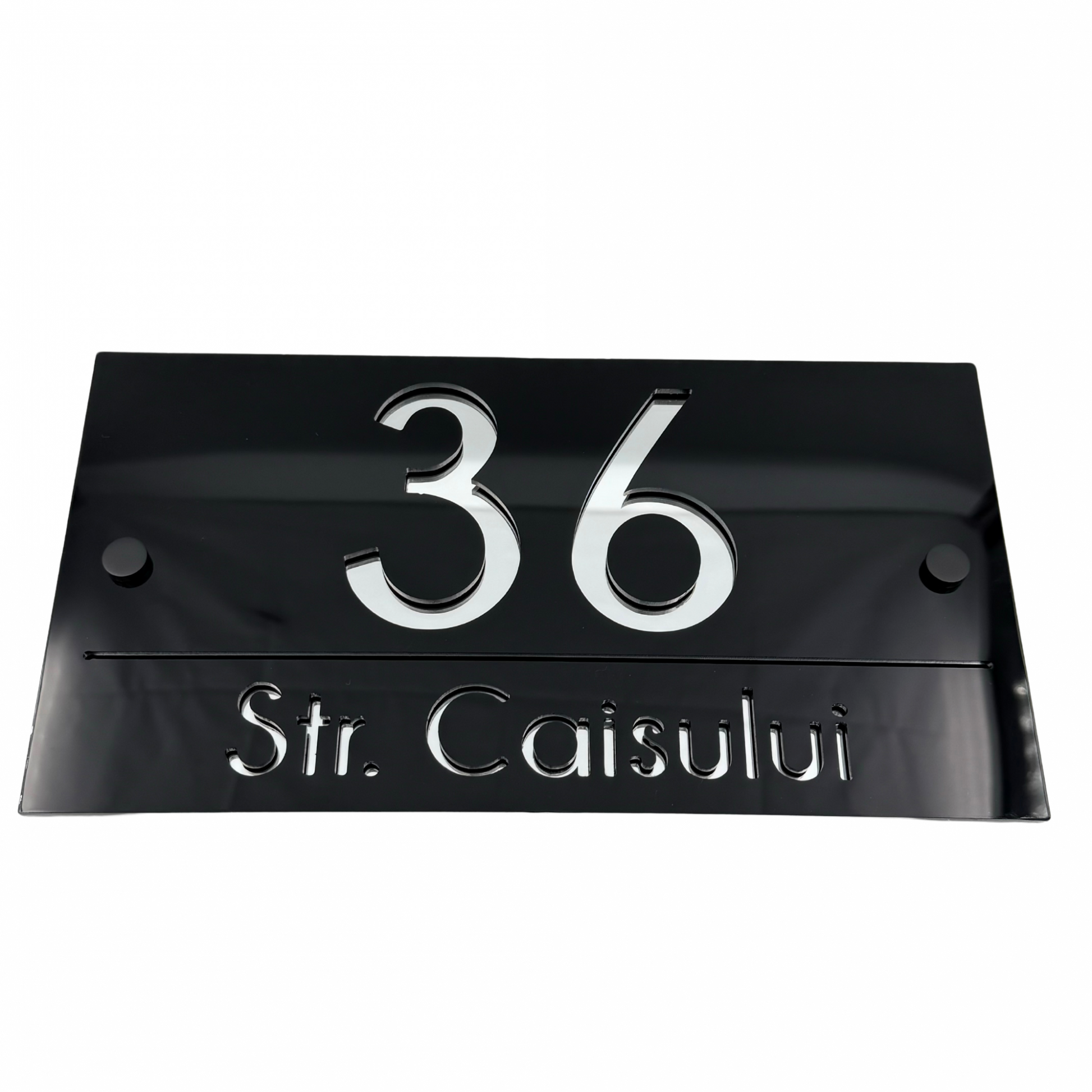 PREMIUM HOUSE NUMBER - Glossy Black Silver Mirror 2 Spacers NeGreyi - 28×15 cm