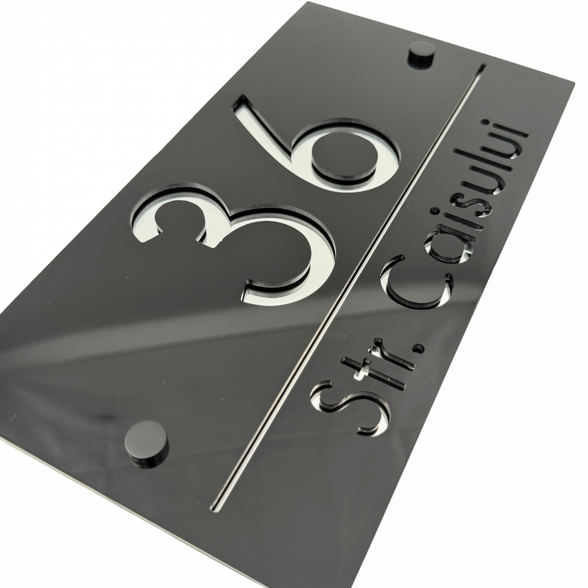 PREMIUM HOUSE NUMBER - Glossy Black Silver Mirror 2 Spacers NeGreyi - 28×15 cm