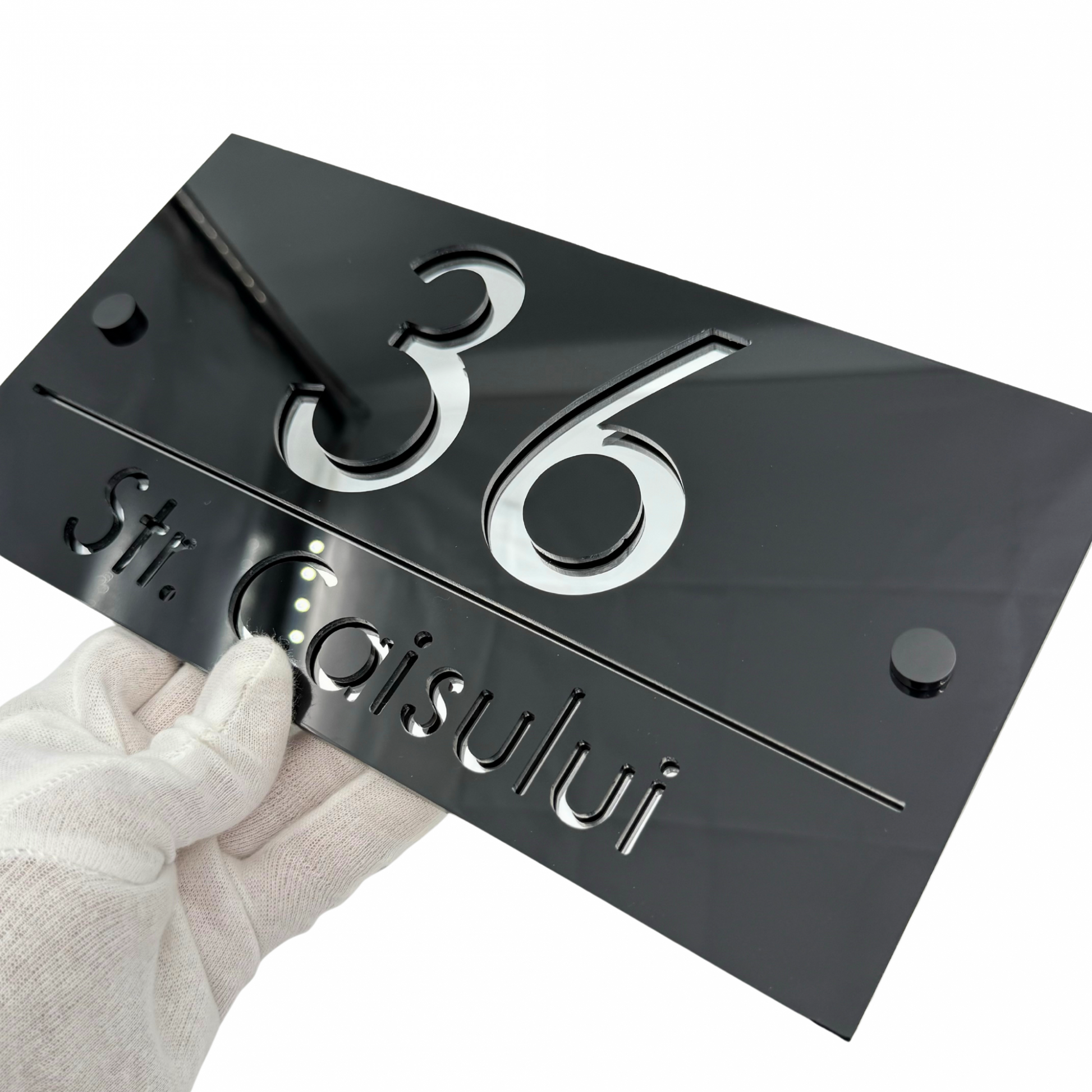 PREMIUM HOUSE NUMBER - Glossy Black Silver Mirror 2 Spacers NeGreyi - 28×15 cm
