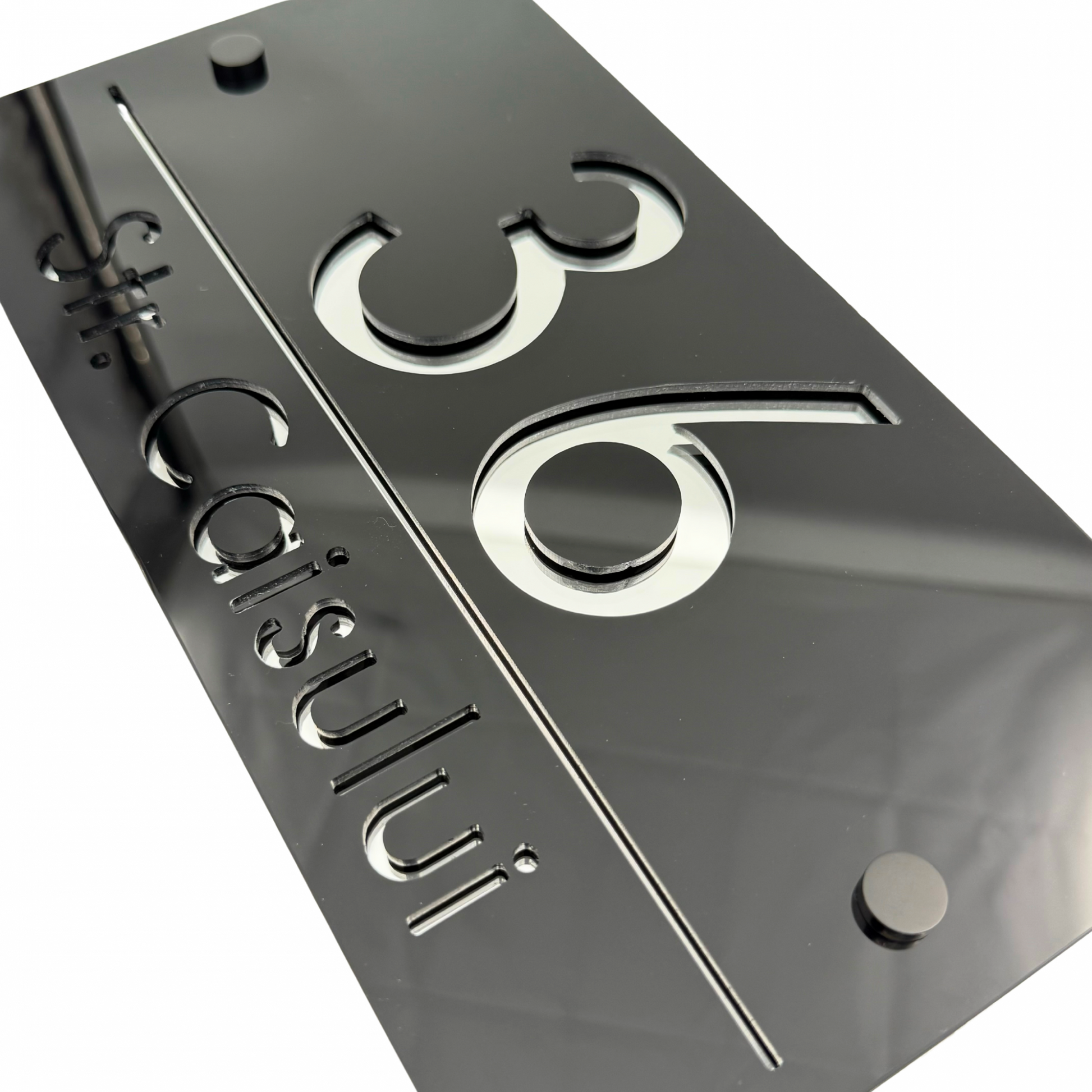 PREMIUM HOUSE NUMBER - Glossy Black Silver Mirror 2 Spacers NeGreyi - 28×15 cm