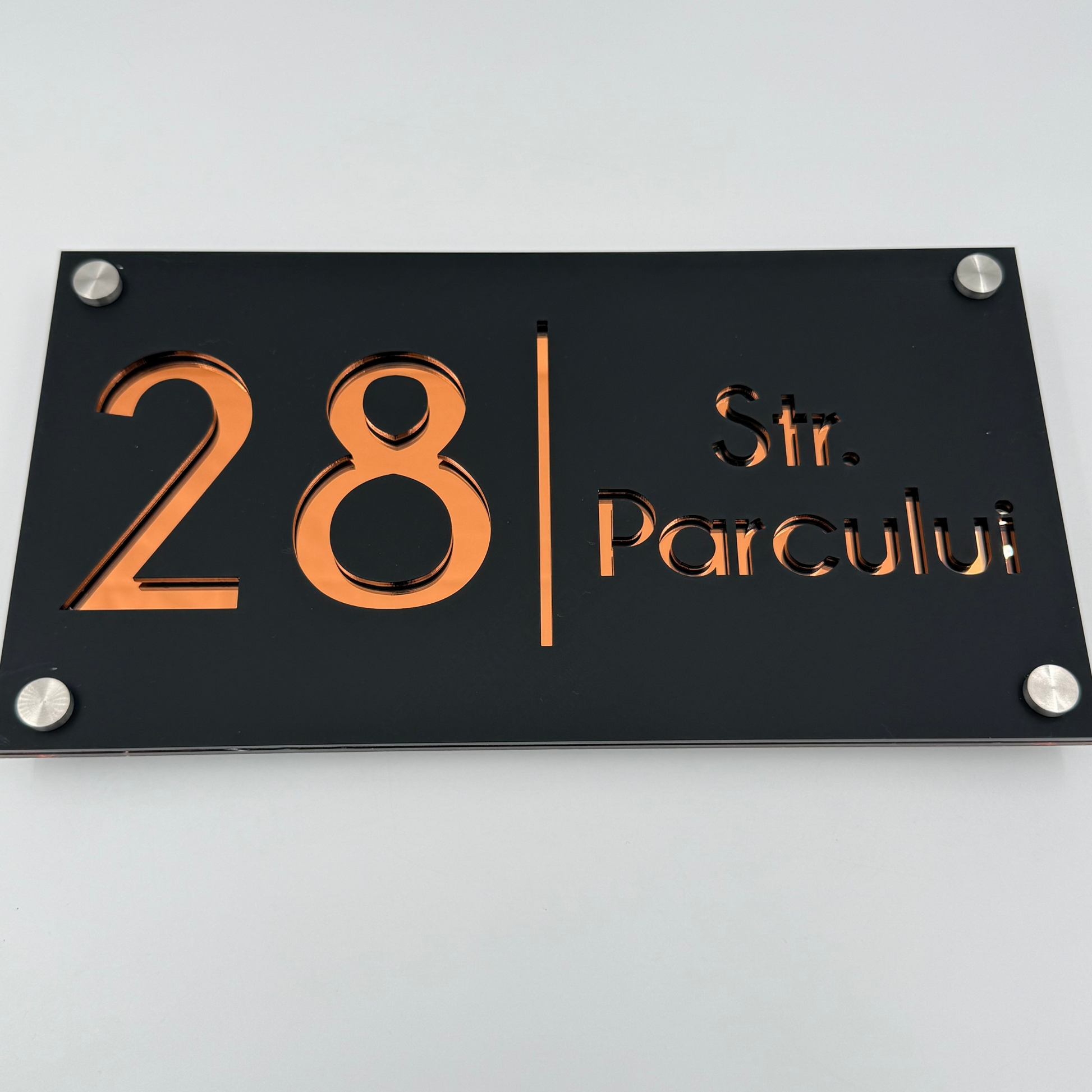 PREMIUM HOUSE NUMBER - Satin Black Copper Mirror 4 Spacers Silver - 28×15 cm