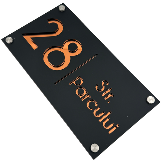 PREMIUM HOUSE NUMBER - Satin Black Copper Mirror 4 Spacers Silver - 28×15 cm