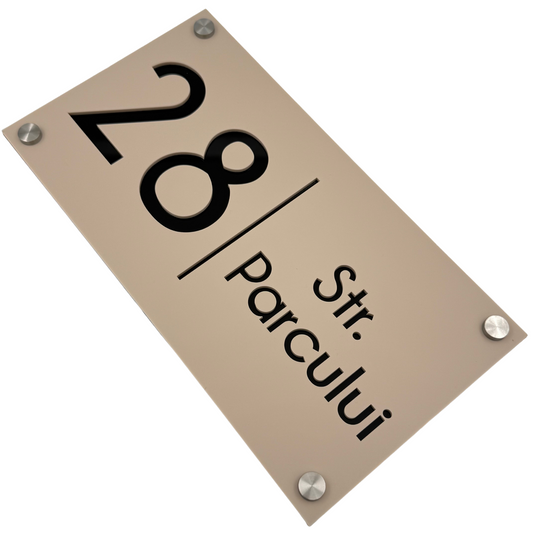 PREMIUM HOUSE NUMBER - Cream colour Satin Black Mirror 4 Spacers Silver - 28×15 cm