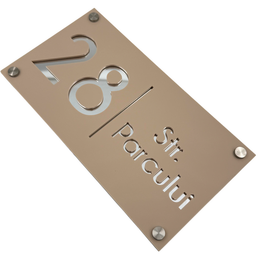 PREMIUM HOUSE NUMBER - Cream colour Satin Silver Mirror 4 Spacers Silver - 28×15 cm