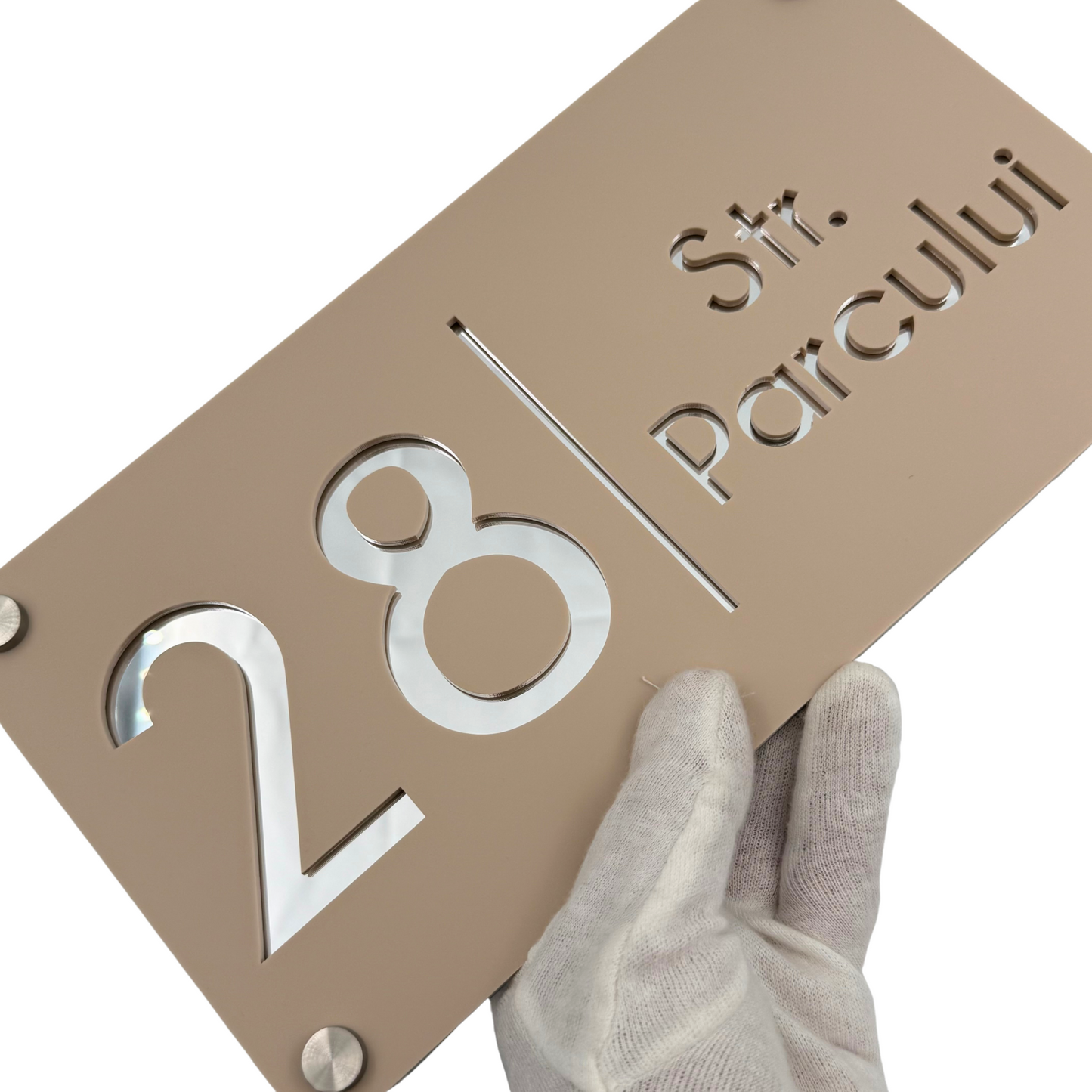 PREMIUM HOUSE NUMBER - Cream colour Satin Silver Mirror 4 Spacers Silver - 28×15 cm