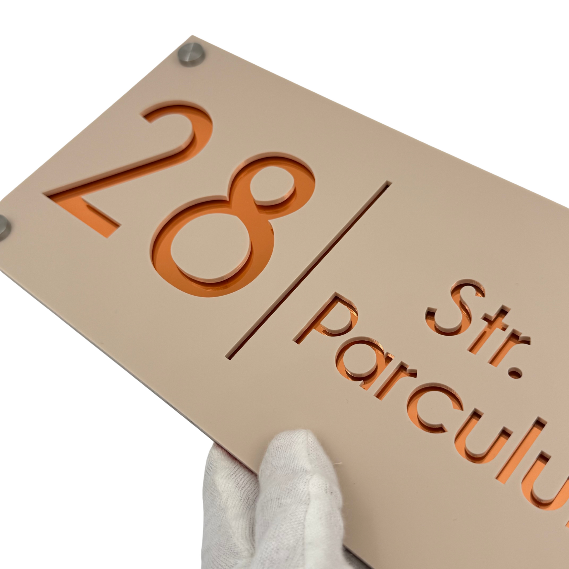 PREMIUM HOUSE NUMBER - Cream colour Satin Copper Mirror 4 Spacers Silver - 28×15 cm