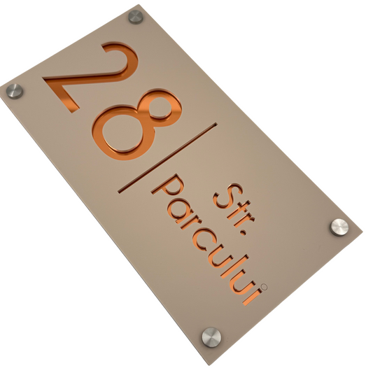PREMIUM HOUSE NUMBER - Cream colour Satin Copper Mirror 4 Spacers Silver - 28×15 cm