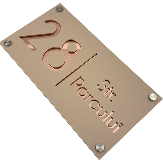 PREMIUM HOUSE NUMBER - Cream colour Satin Rose Gold Mirror 4 Spacers Silver - 28×15 cm